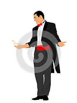 Magician man performing trick with pigeon dove vector illustration isolated. Magic performer illusionist.