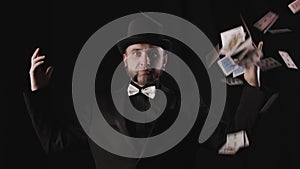 Magician Performing Card Trick. Throwing and Catching Cards in the Air.