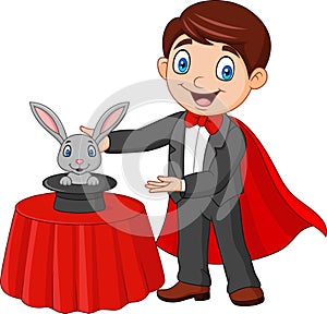 Magician performing his trick rabbit appearing from a magic top hat