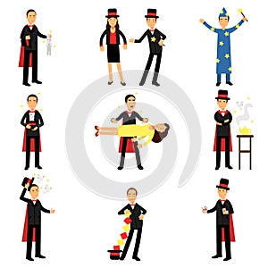 Magician performing a magic show set of vector Illustrations