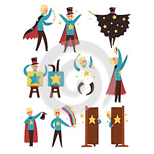 Magician performing a magic show set of vector Illustrations isolated on a white background