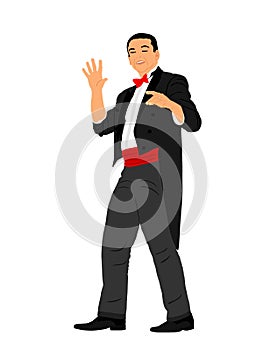 Magician performing trick with balls, cards vector illustration isolated on white. Magic performer illusionist.