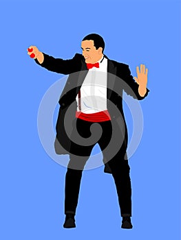 Magician performing trick with balls vector illustration isolated on blue. Magic performer illusionist, disappears and rises. photo