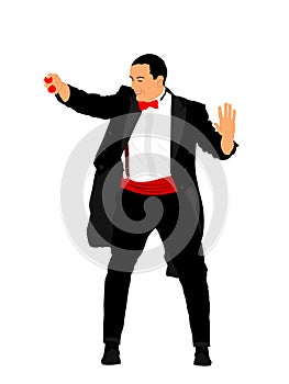 Magician performing trick with balls vector illustration isolated on white. Magic performer illusionist, disappears and rises.