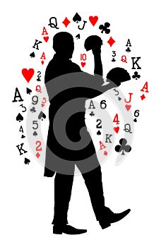 Magician performing trick with cards silhouette illustration isolated on white. Magic performer illusionist.