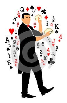 Magician performing trick with cards vector illustration isolated on white background. Magic performer illusionist.