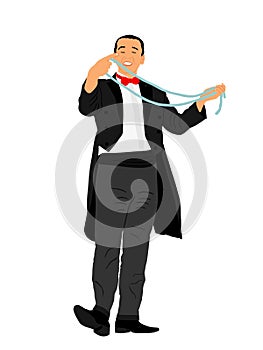 Magician performing trick with rope vector illustration isolated on white. Magic performer illusionist.