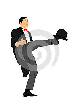 Magician performing trick with top hat vector illustration isolated on white. Magic performer illusionist.