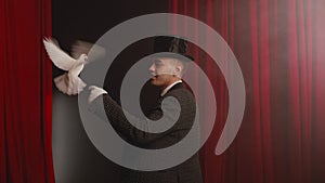 Magician with pigeon standing over red drapery in spotlight