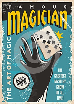 Magician poster design with hand silhouette and playing cards