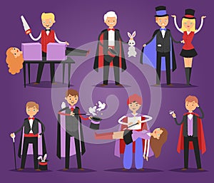 Magician prestidigitator illusionist character tricks juggler vector illustration magic conjurer show cartoon man