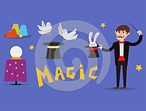 Magician prestidigitator illusionist character tricks juggler vector illustration magic conjurer show cartoon man