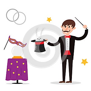 Magician prestidigitator illusionist character tricks juggler vector illustration magic conjurer show cartoon man