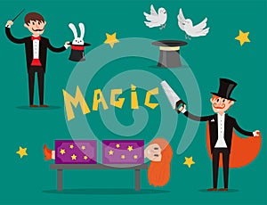 Magician prestidigitator illusionist character tricks juggler vector illustration magic conjurer show cartoon man