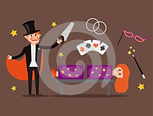 Magician prestidigitator illusionist character tricks juggler vector illustration magic conjurer show cartoon man