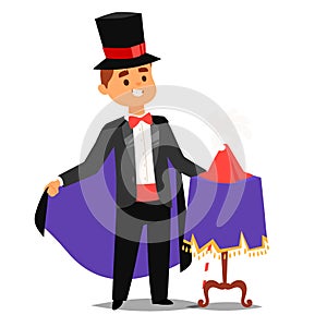 Magician prestidigitator illusionist vector character tricks juggler vector illustration magic conjurer show cartoon man