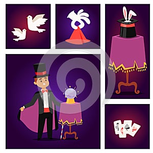 Magician prestidigitator illusionist vector character tricks juggler vector illustration magic conjurer show cartoon man