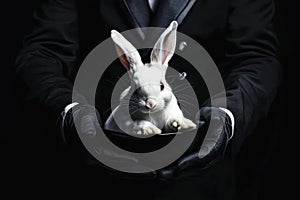 Magician pulling rabbit from black hat close-up