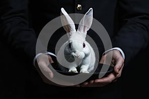Magician pulling rabbit from black hat close-up