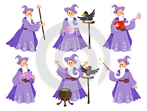 Magician in robe spelling vector cartoon characters