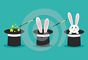 Magician's black hat, magic hat with bunny ears. Vector flat illustration in cartoon style