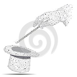 Magician`s hand holding a magic wand. Magical top hat. on a white background