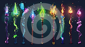 A magician's wand with a light vfx effect, a wizard's stick with a glow and a color beam of spell. A wooden and