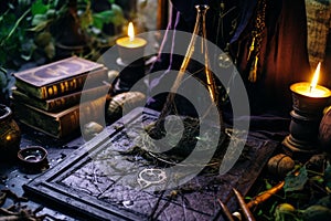 Magician setting up magical items on table for captivating enchanting mystical ritual