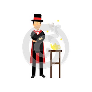 Magician showing a trick with a magic lamp, circus performer vector Illustration