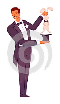 Magician showing trick with rabbit in hat isolated