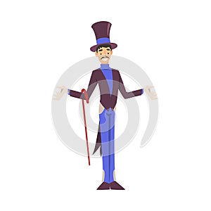 Magician Standing with Cane, Illusionist Character in Tailcoat and Top Hat Performing at Magic Show Cartoon Style Vector