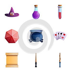 Magician tools icon set, cartoon style