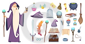 Magician tools. Wizard magic mystery broom potion witch hat and spell book vector cartoon pictures