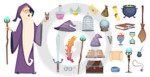 Magician tools. Wizard magic mystery broom potion witch hat and spell book vector cartoon pictures photo