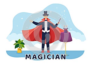 Magician Vector Illustration with Illusionist Conjuring Tricks and Waving a Magic Wand above his Mysterious Hat on a Stage