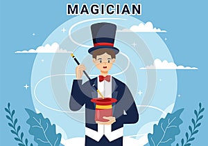 Magician Vector Illustration with Illusionist Conjuring Tricks and Waving a Magic Wand above his Mysterious Hat on a Stage