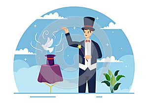 Magician Vector Illustration with Illusionist Conjuring Tricks and Waving a Magic Wand above his Mysterious Hat on a Stage