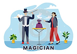 Magician Vector Illustration with Illusionist Conjuring Tricks and Waving a Magic Wand above his Mysterious Hat on a Stage