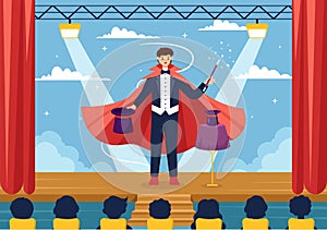 Magician Vector Illustration with Illusionist Conjuring Tricks and Waving a Magic Wand above his Mysterious Hat on a Stage