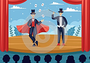 Magician Vector Illustration with Illusionist Conjuring Tricks and Waving a Magic Wand above his Mysterious Hat on a Stage