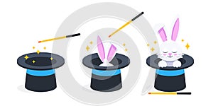 Magician's black hat, magic hat with bunny ears. Magician hat with rabbit.