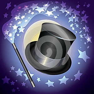 Wizards hat and a magic wand on stars background. photo