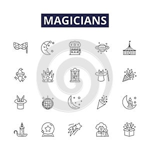 Magicians line vector icons and signs. Sorcerer, Illusionist, Wizard, Conjurer, Enchantress, Warlock, Mystic, Charlatan