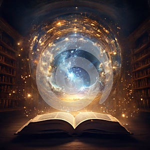 magine a Mesmerizing open book wih divine lights coming from above photo