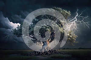 Maginficent Large Ash Tree Lightning Dark Clouds Sky by Generative AI