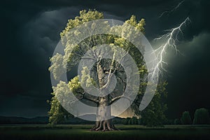 Maginficent Large Balsam Poplar Tree Lightning Dark Clouds Sky by Generative AI