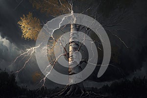 Maginficent Large Birch Tree Lightning Dark Clouds Sky by Generative AI