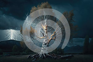 Maginficent Large Birch Tree Lightning Dark Clouds Sky by Generative AI