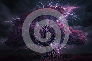 Maginficent Large Black Cherry Tree Lightning Dark Clouds Sky by Generative AI