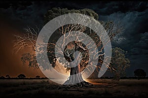 Maginficent Large Black Gum Tree Lightning Dark Clouds Sky by Generative AI